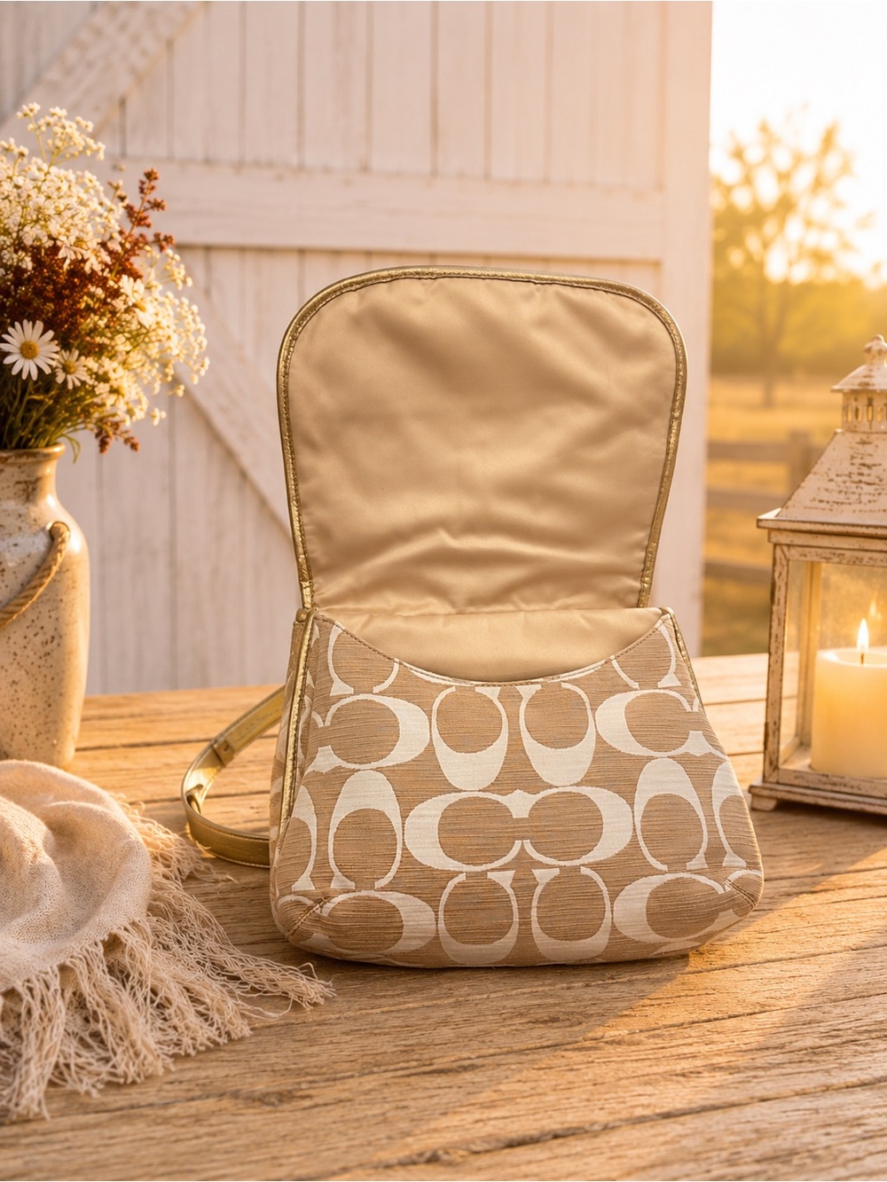 Vintage 2008 Coach Signature C Linen Jacquard Gold Crossbody Shoulder Bag - Picture 3 of 10